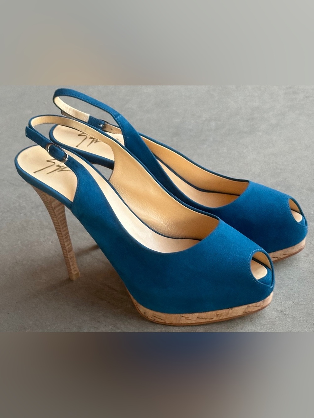Giuseppe Zanotti NWT Blue Suede Peep Toe Slingback Platform Stiletto Heels EU 38